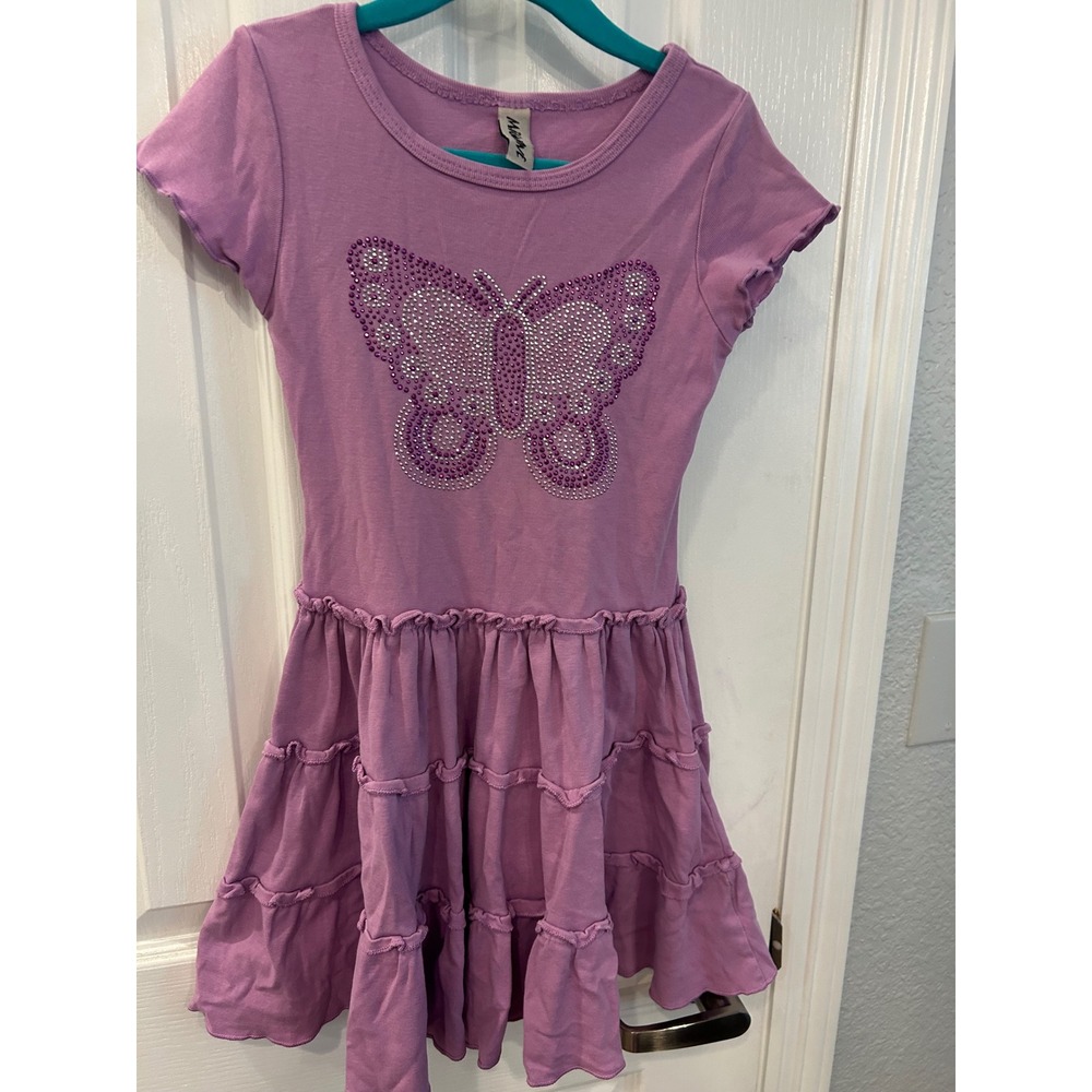 Mignone Dress Purple Rhinestone Butterfly Tiered Ruffle Cotton Kids Size 5